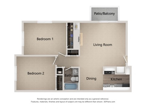 Floor plan for 2 beds, 1 bath, 824 sqft